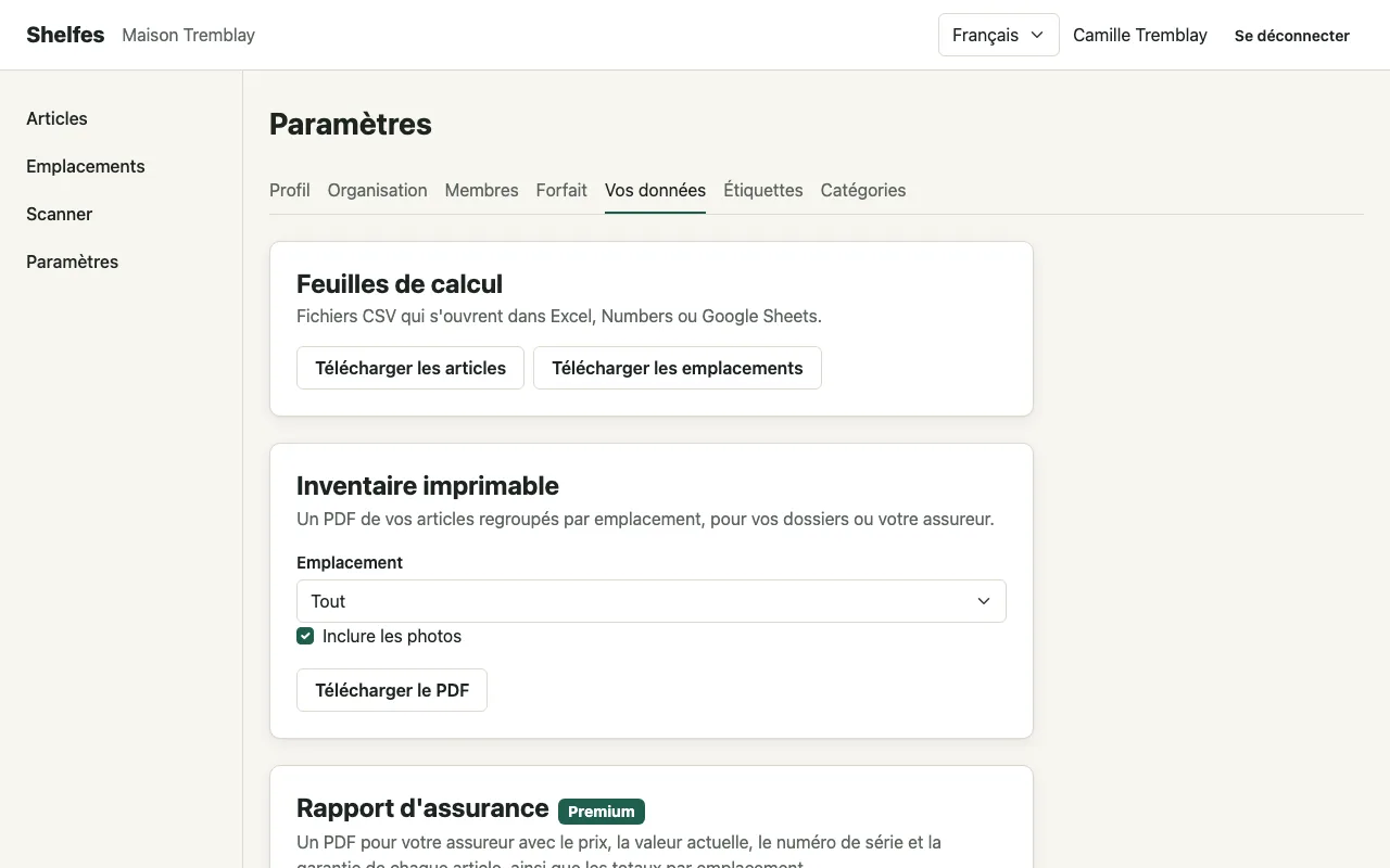 La page des données dans Shelfes avec les options de feuille de calcul, d'inventaire imprimable, de rapport d'assurance et d'exportation complète