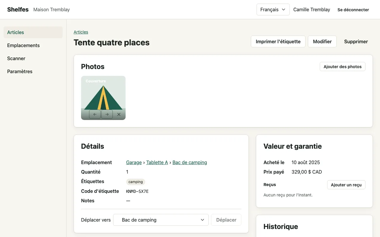 Une page d'article dans Shelfes montrant la photo d'une tente, son chemin d'emplacement et ses étiquettes