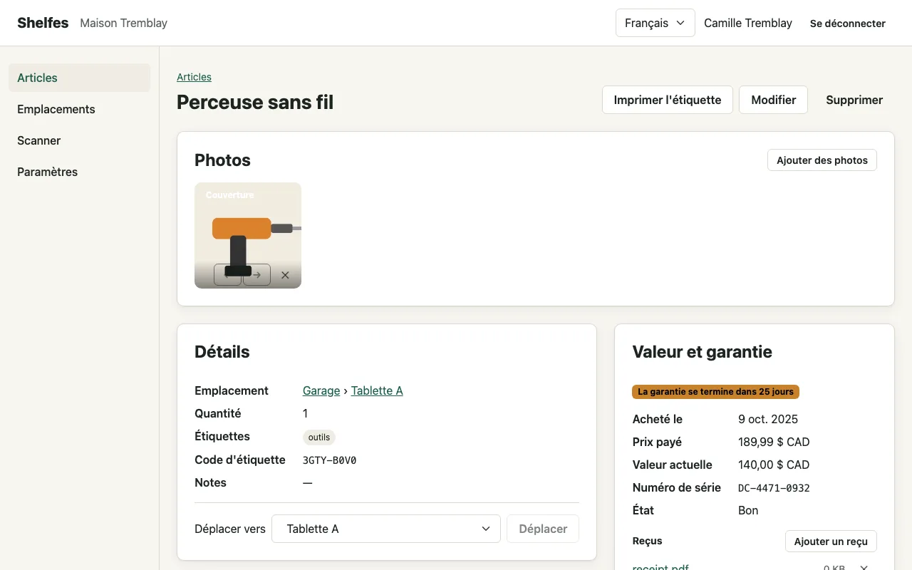 Une perceuse sans fil dans Shelfes avec son prix, sa valeur, son numéro de série, une garantie qui expire bientôt et un reçu joint