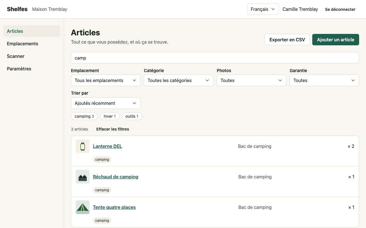 La liste d'articles de Shelfes filtrée par le mot camp, montrant trois articles dans le bac de camping