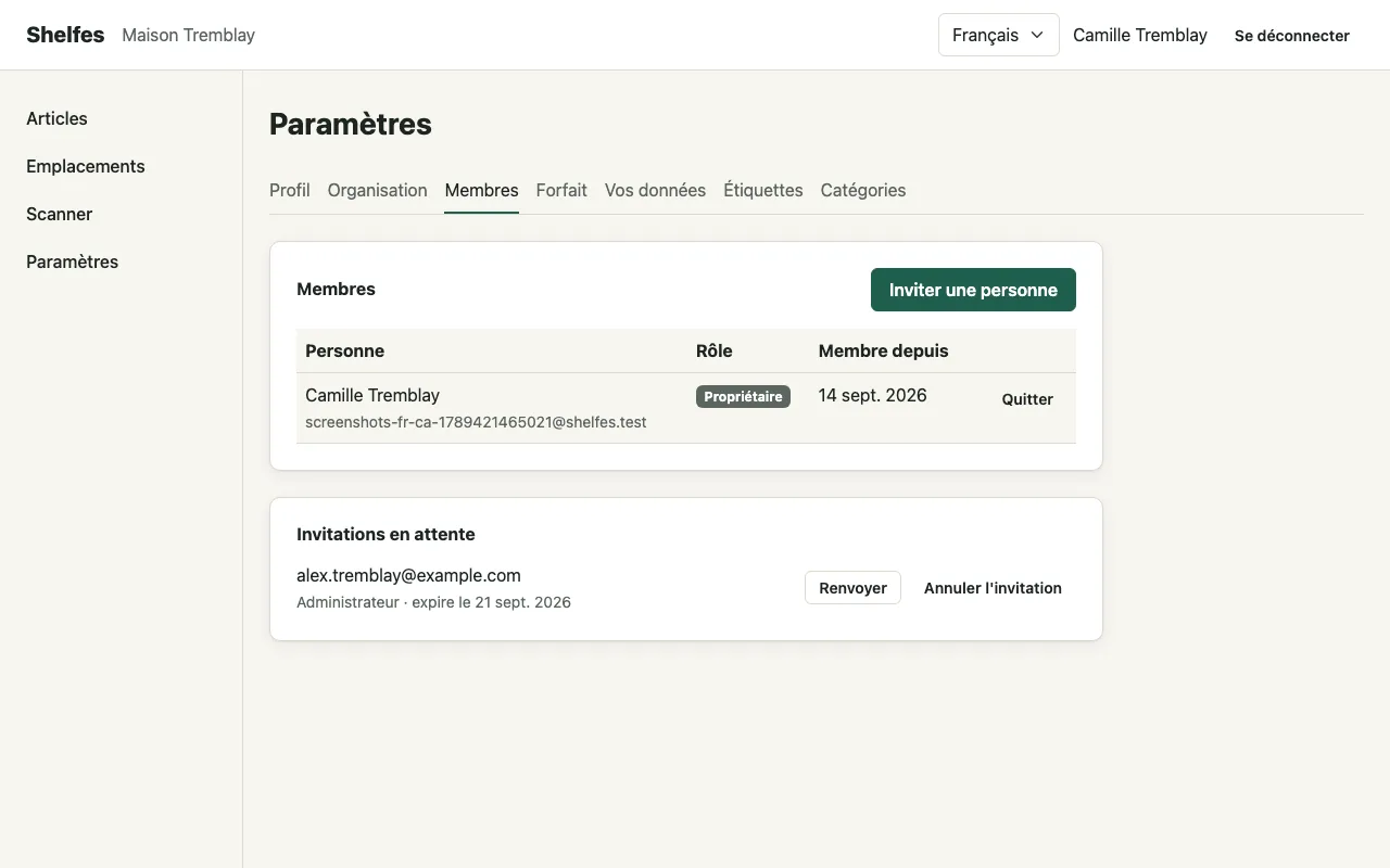 La page des membres dans Shelfes avec la propriétaire et une invitation en attente