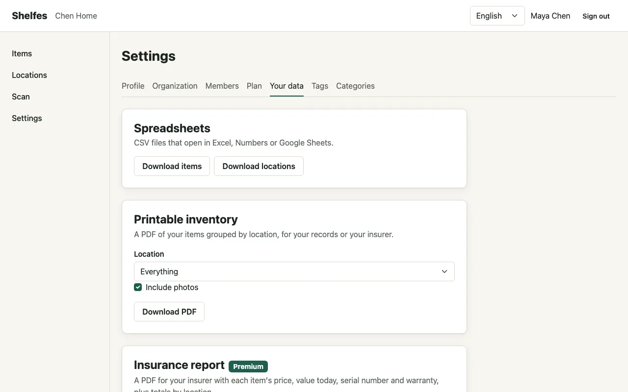The data page in Shelfes with spreadsheet, printable inventory, insurance report and full export options