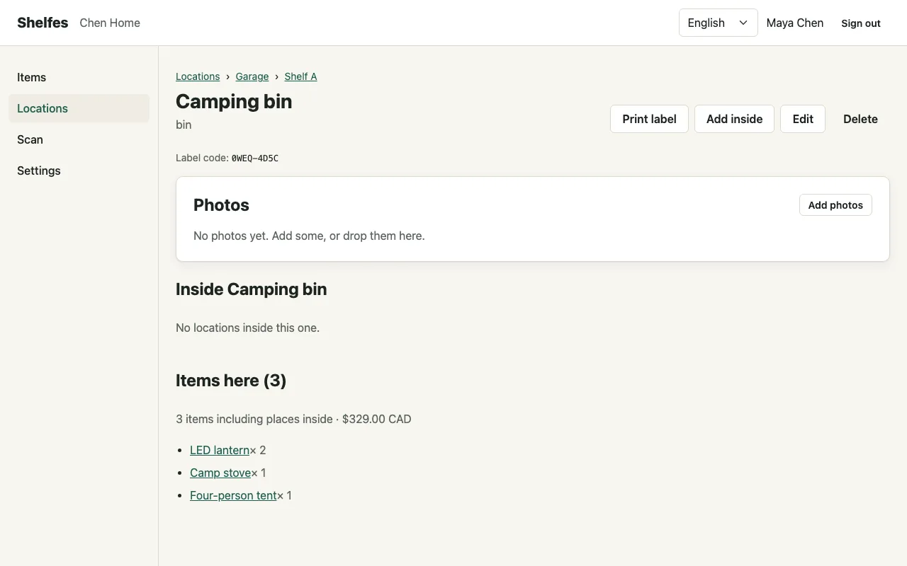 A camping bin in Shelfes listing the tent, stove and lantern stored in it