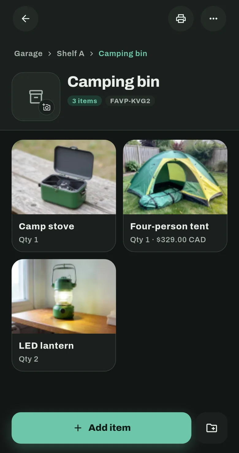 The Shelfes app showing the Camping bin in Garage, Shelf A, with the same label code as the printed label.