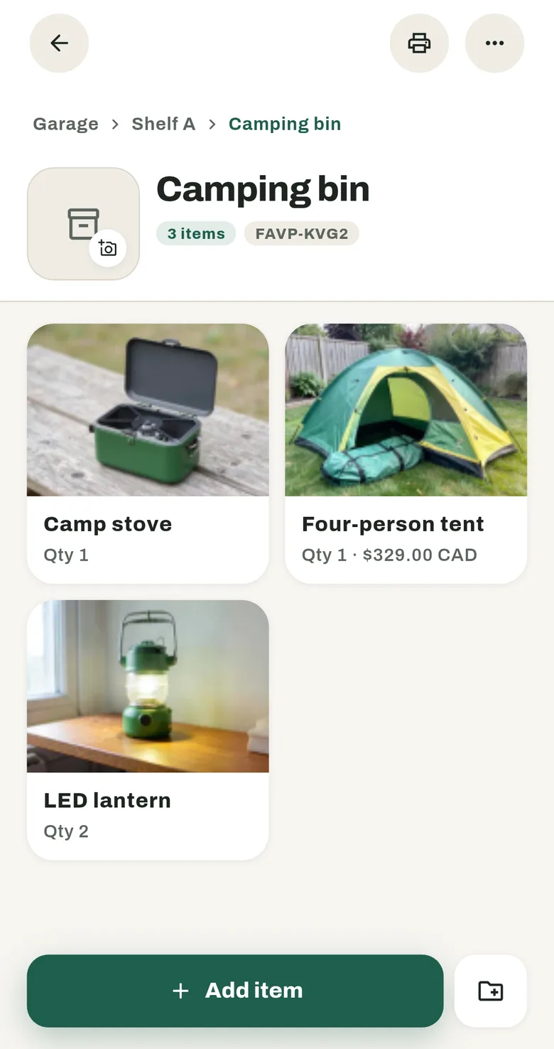 The Shelfes app showing the Camping bin in Garage, Shelf A, with the same label code as the printed label.