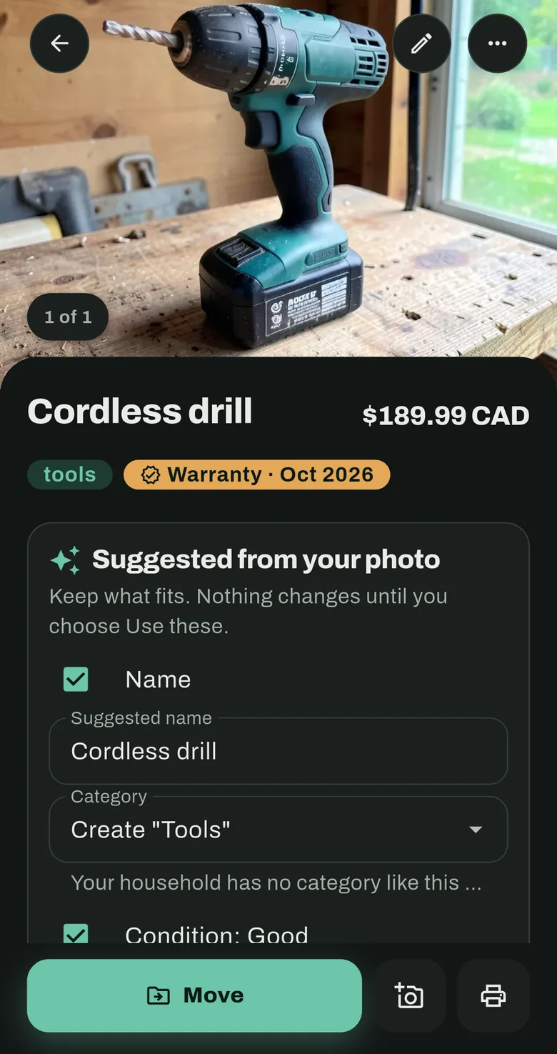 An item screen for a cordless drill with its photo, location, tag and purchase details.