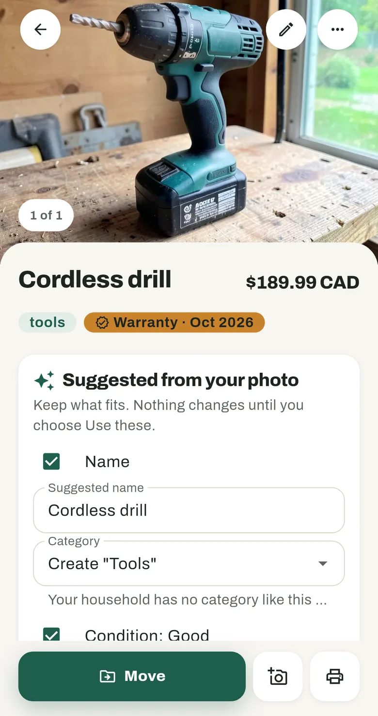 An item screen for a cordless drill with its photo, location, tag and purchase details.