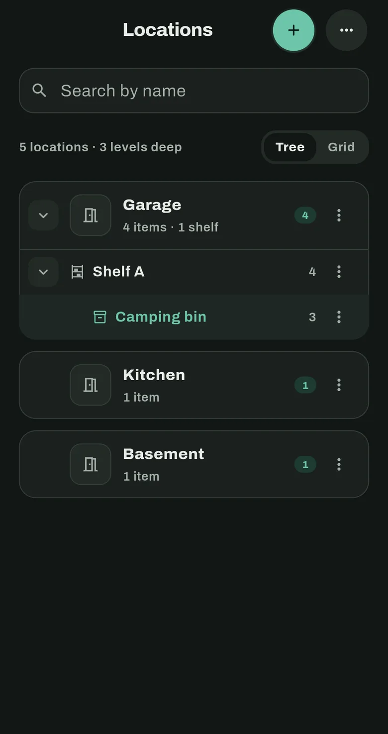 The locations screen: a Garage with Shelf A and a Camping bin inside it, then a Kitchen and a Basement.