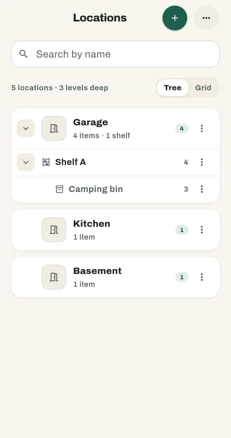 The locations screen: a Garage with Shelf A and a Camping bin inside it, then a Kitchen and a Basement.