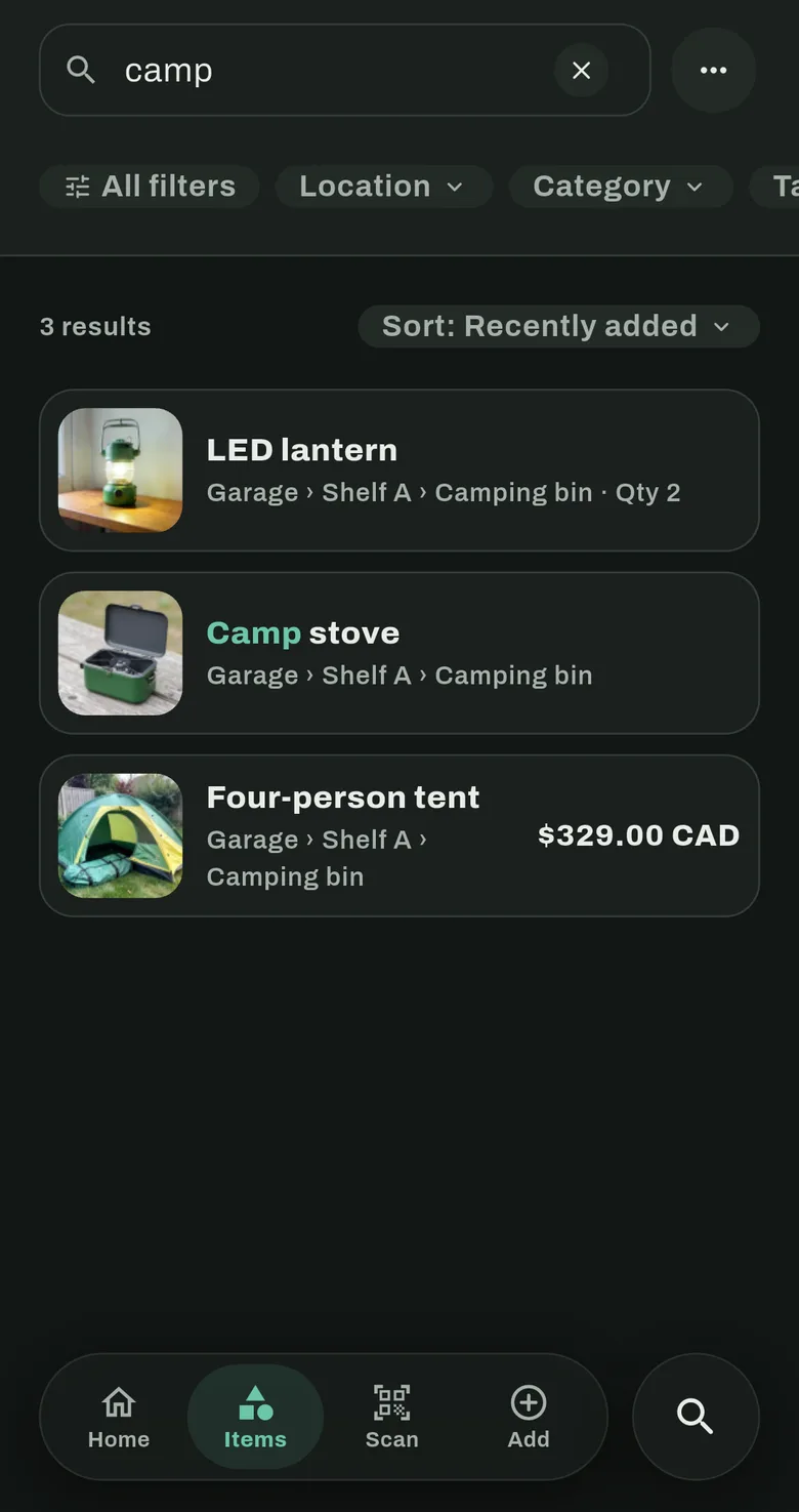 The Shelfes app on a phone: a search for "camp" lists a lantern, a camp stove and a tent, each with the bin it is in.