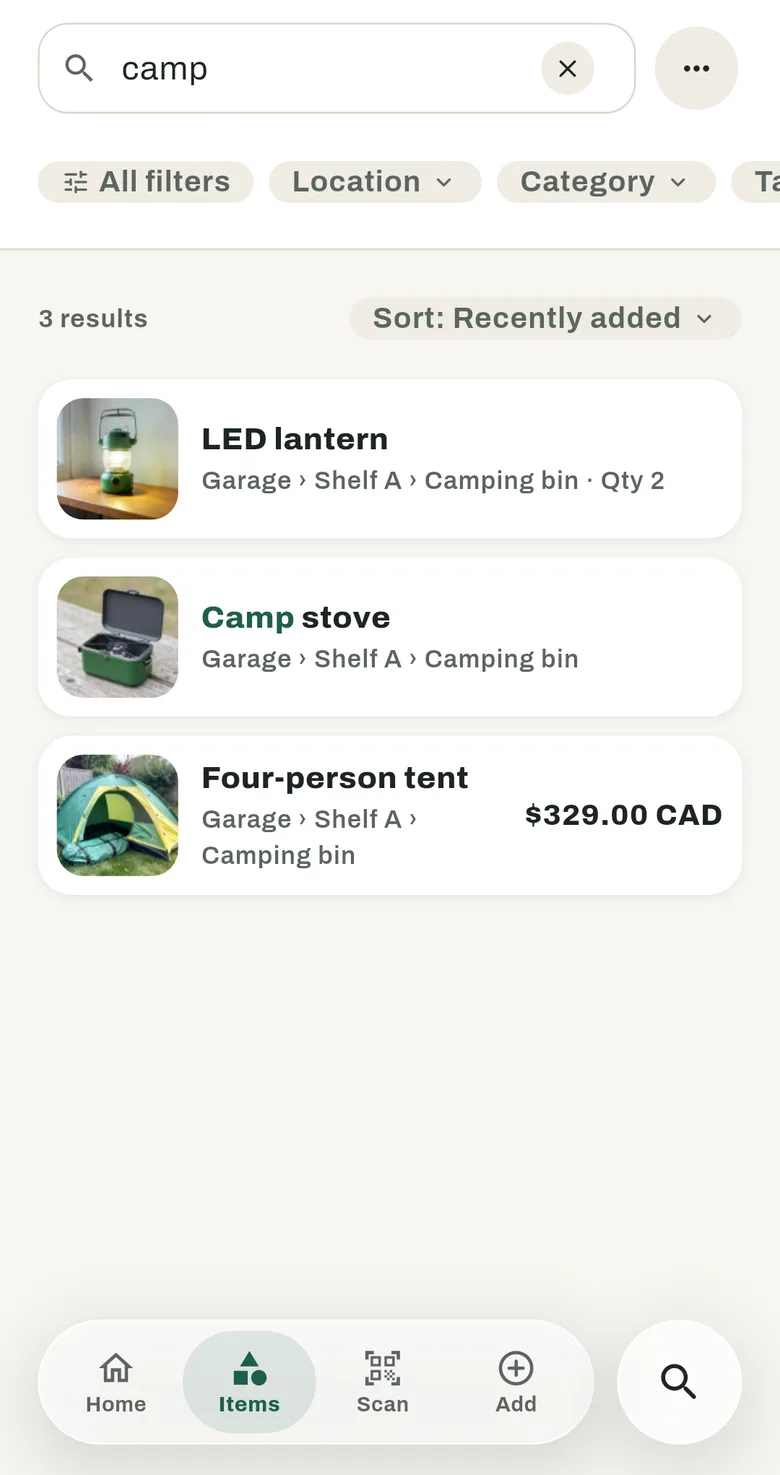 The Shelfes app on a phone: a search for "camp" lists a lantern, a camp stove and a tent, each with the bin it is in.
