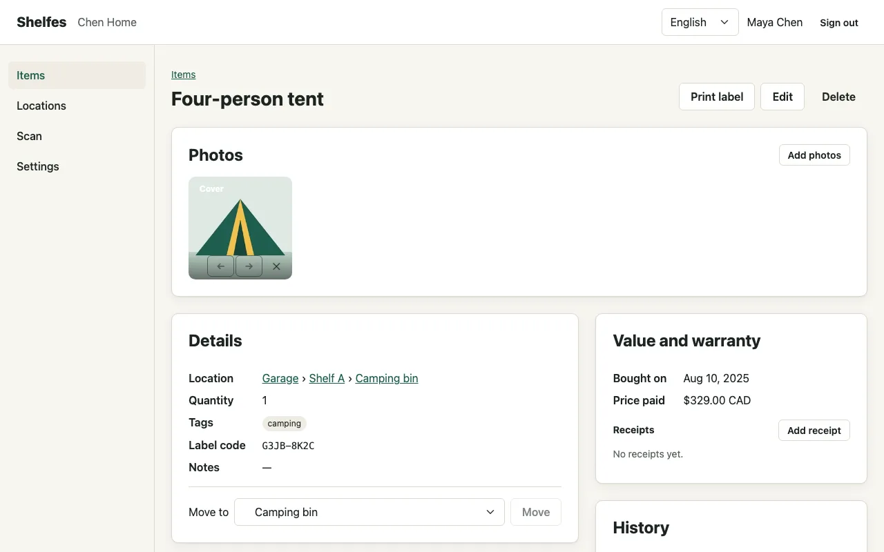An item page in Shelfes showing a photo of a tent, its location path and its tags