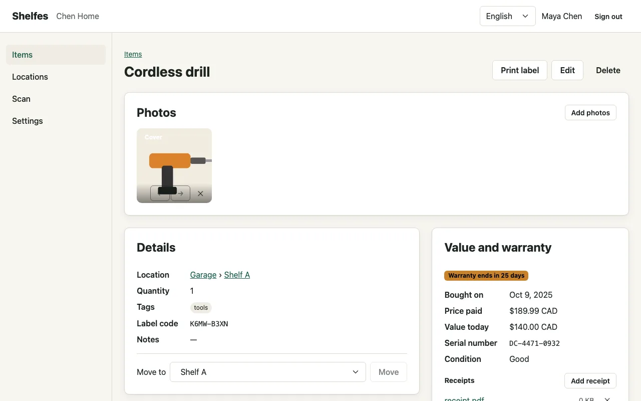 A cordless drill in Shelfes with its price, value, serial number, a warranty ending soon and an attached receipt