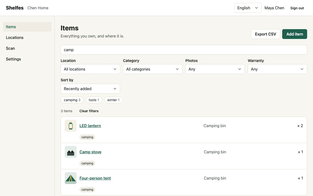 The Shelfes item list filtered by the word camp, showing three items in the camping bin
